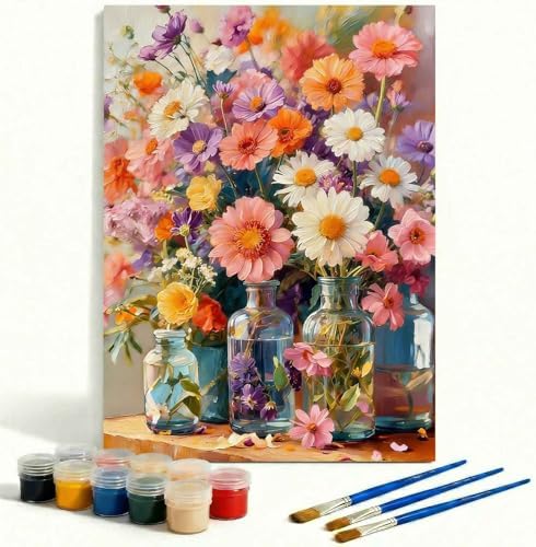 Amphol Paint by Numbers Kit for Adults - Boho Cosmos Floral DIY Paint by Number Canvas Art Kit, 16x20in Unframed Oil Painting by Number Kit, Relaxation and Home Decoration, Complete Acrylic Paint Set