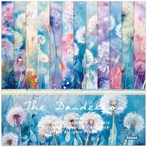 24 Sheets Scrapbook Paper Pad Cardstock, 6 x 6 Inch Colorful Dandelion Patterned Designed Decorative Decoupage for Card Making Folded Material Gift Wrapping Journals DIY Crafts Photo Album