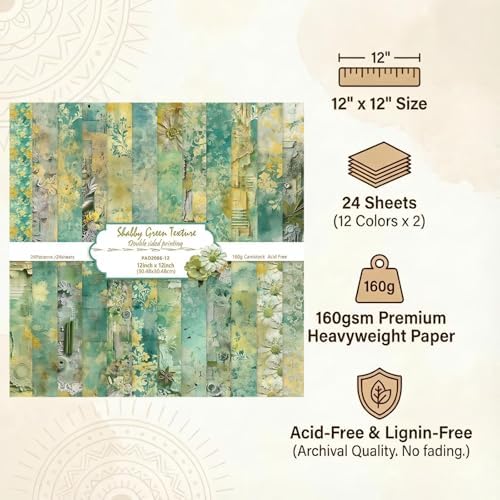 Vintage Scrapbook Paper 12 ×12 - 24Sheets Double-Sided Pattern Decorative Paper | Scrapbook Supplies & Card Making Supplies for DIY Crafts Art Journaling Photo Album Decor (Green)