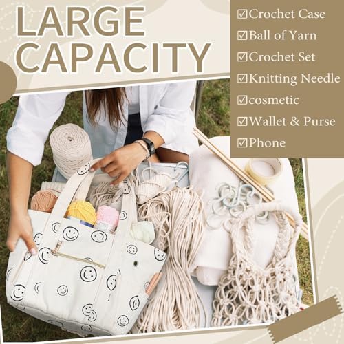 Bulyoou 2 Pcs Crochet Bag and Tote Set, Corduroy Yarn Bag with Grommets, Smile Face Crochet Project Bags Organizer for Hooks, Needles, Knitting Accessories, Gifts for Women Yarn Crafts Lovers