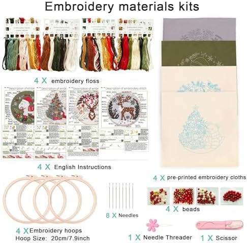 Harimau Adult Beginner Embroidery Starter Kit for Christmas Patterns, Complete Set with 4 Patterns, 2 Hoops, Needles, Scissors, Instruction Guide & Stitching Video Tutorials