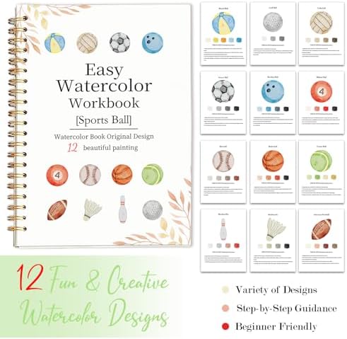 Easy Watercolor Workbook for Beginners - 12 Beautiful Step-by-Step Paintings Water Coloring Book, Includes 16 Colors Paints, Relaxing Art Projects and Creative Gift for Adults & Teen (Sports Ball)