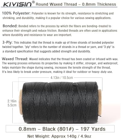 Bonded 0.8mm Round Waxed Polyester Cord, 3-ply Wax Coated Thread, 197 Yards Stiff String for Heavy Duty Fabric, Leather Sewing, Book Binding, Upholstery Repair, and Macrame Jewelry - Black