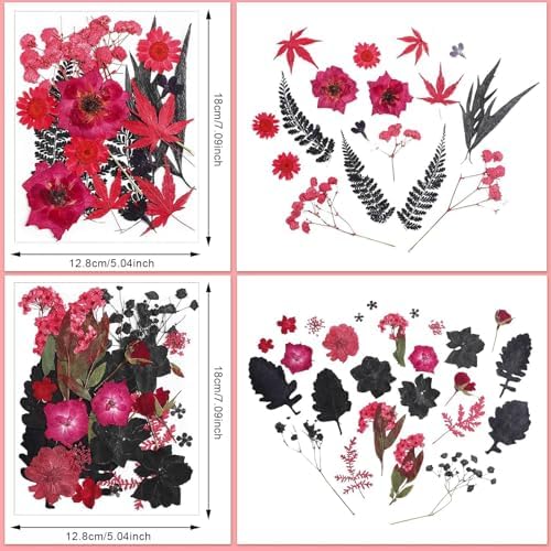 Nuanchu Black Red Dried Pressed Flowers for Craft Resin, Gothic Halloween