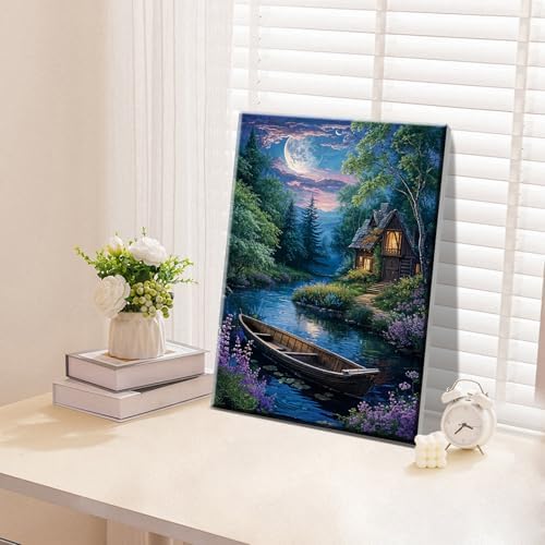 ATDMS Landscape Paint by Numbers Kit for Adult with Easel DIY Cabin Paint by Number with Frame Lake House Digital Oil Painting Kits for Wall Hanging Home Room Decor 7.87x11.81 Inch