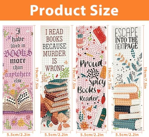 Mandun 4 Pcs Book Diamond Painting Bookmark Kits, Special Shaped Diamond Art Bookmarks with Pendant, DIY Diamond Art Bookmarks with Tassels Crafts Gifts Supplies