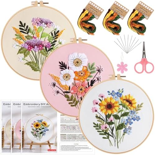 Herdiese Embroidery Kit for Beginners & Adults, 3PCS Floral Patterns.