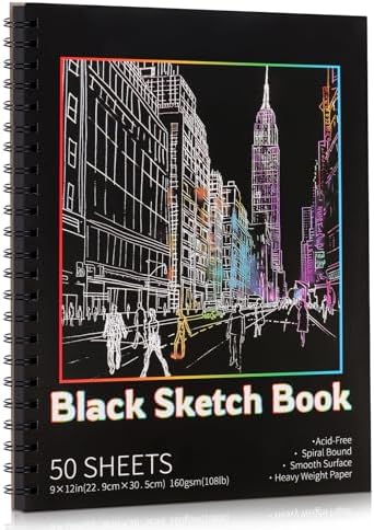 9 × 12 in Black Paper Sketchbook, 50 Sheets Acid- Free Black Sketchbook