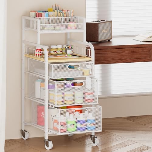 SWTYMIKI Rolling Cart with Drawers - Metal Craft Cart with Wheels, DIY Divider and Wood Shelf, Art Supply Organizer Craft Organizer and Storage, Utility Storage Cart for Home Office Studio, White