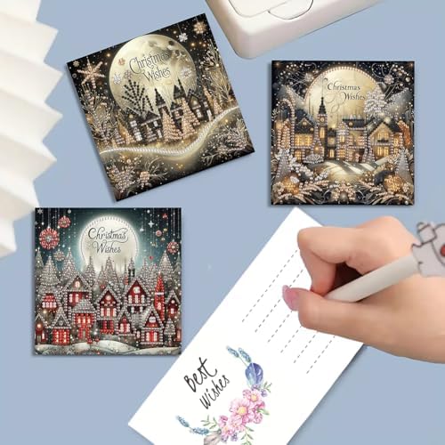 POETRYDRAW 6 Pack 5D DIY Diamond Art Painting Christmas Village Greeting Card Kit, Diamond Art Birthday Holiday Greeting Card, Crafts Kit Creative with Envelope