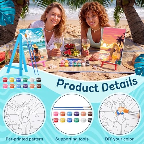 Blosssound 10 Set Pre Printed Canvas Pre Drawn Canvas Painting with Easel Kits 5" x 7" Outline Painting Panels for Beginners, DIY Craft Project, Party Favor, Home Decors(Hawaii Women)