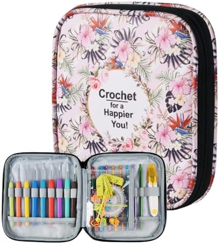 Crochet Hook Case,Portable Zipper Storage Organizer Bag for Crochet Hooks, Knitting Needles, Project & Sewing Supplies, Lightweight,Easy to Hold (No Accessories Included).Pink Flower