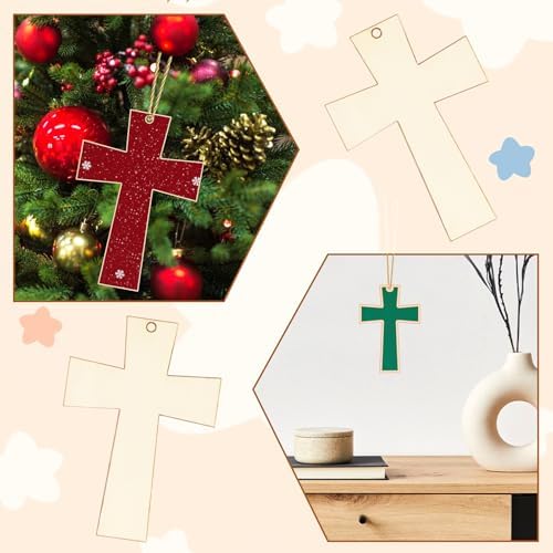 40Pcs Crosses Unfinished Wooden Gift Ornaments DIY Craft Activity Paintable Blank Natural Crosses Cutouts Hanging Wood Slices for Easter Sunday Kids Classroom Art Crafts Party Supplies