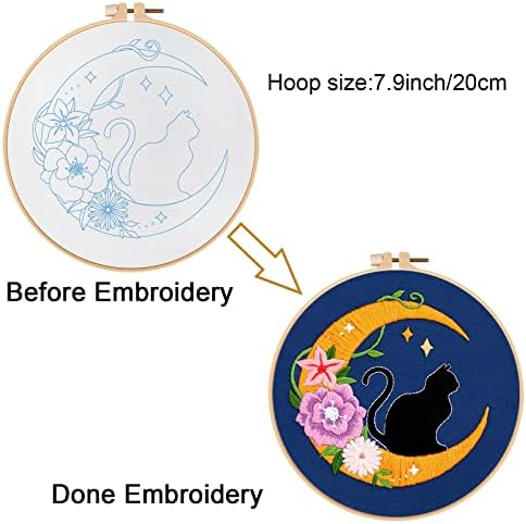 Louise Maelys Cat Moon Embroidery Kit for Beginners Floral DIY Craft Set