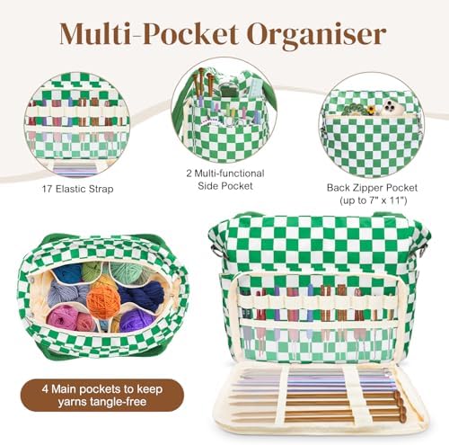 DALINDA Crochet Bag Organizer,Yarn Bag and Tote- Yarn Storage with Multiple Pockets for Crochet Supplies, Knitting Bag for Gifts,Portable & Durable