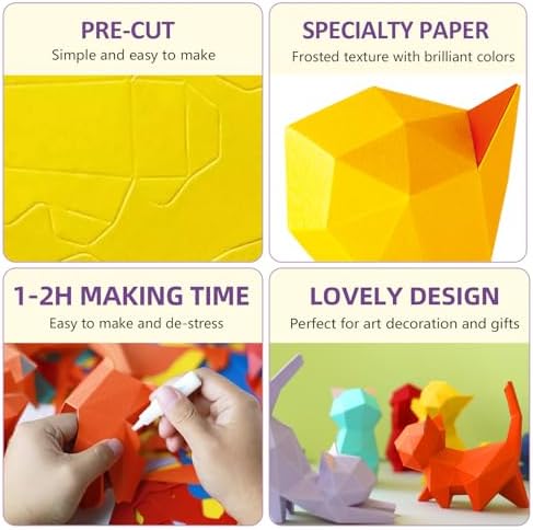 ORIGAMIPLANET 3D Origami Paper Craft Kit, Starpaw Kitten Cute DIY Pre-Cut Animal Papercraft Model for Beginners, Fun Handmade Home Decoration Gift for Adults & Teens-Yellow