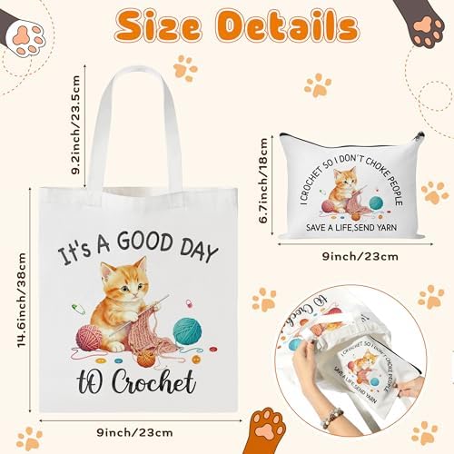 Y1tvei Crochet Canvas Tote Bag - 2Pcs Cosmetic Pouch Tote Bag Reusable Grocery Folding Shopping Bag for Crocheters Women