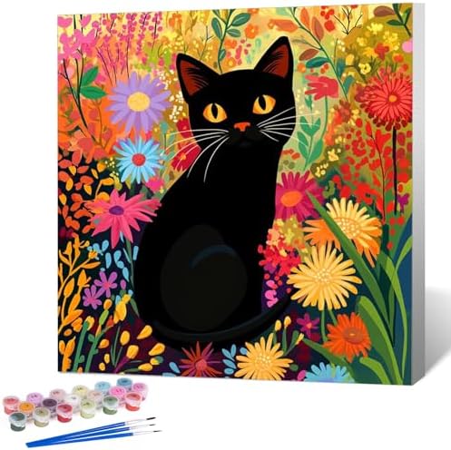 Framed Paint by Numbers Kit for Adults, Black Cat & Flower Decor 10x10 Inch