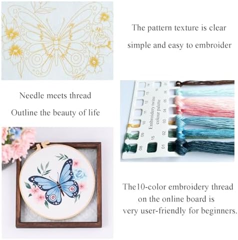 Silentsea Blue Butterfly Embroidery Kit for Beginners – Complete DIY Stitching Craft Set with Pre-Printed Fabric, Hoop, Threads & Video Tutorial – Ideal for Home Decor & Handmade Gifts