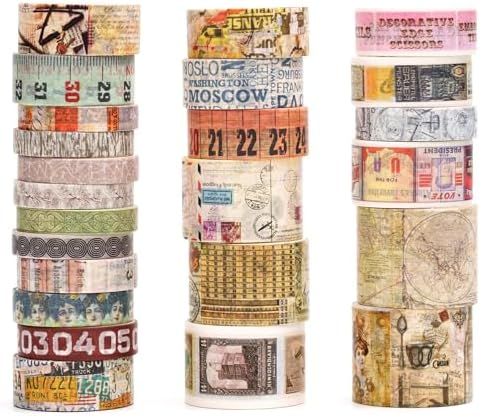 Vintage Washi Tape Set - 24 Rolls Arts Adhesive Tapes Assorted Retro Decorative Masking Tape Sets for Craft, Kids, Scrapbook, DIY, Gift Wrapping (2-Vintage Journey)