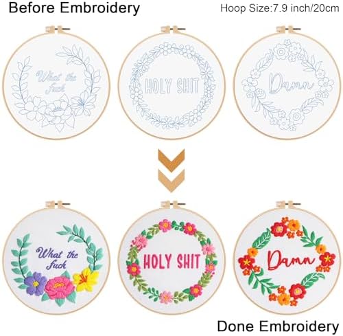 Louise Maelys 3 Pack Floral Quote Embroidery Kit for Beginners Craft
