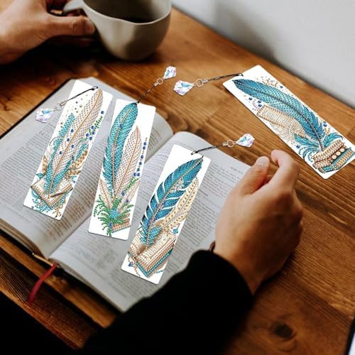4-Pack 5D Diamond Painting Bookmarks Kit, Peacock Feather DIY Diamond Art Bookmarks with Rhinestones and Tassels, Creative Bookmark Making Set for Adults, Gift for Book Lovers
