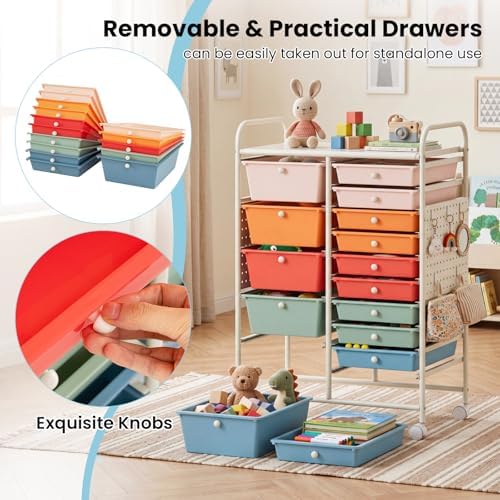 GOFLAME 15-Drawer Rolling Storage Cart with Pegboard, Craft Storage Cart with Lockable Wheels and Metal Frame, Art Cart Supply Storage Organizer for Home Office Classroom, Macaron Color