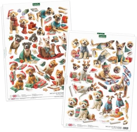 Katy Sue Santa Paws Die-Cut Christmas Card Topper & Decoupage Collection. 4 Sheets of Puppy & Dog-Themed Card Toppers & 4 Sheets of Matching Die-Cut Decoupage for Christmas Card Making Supplies