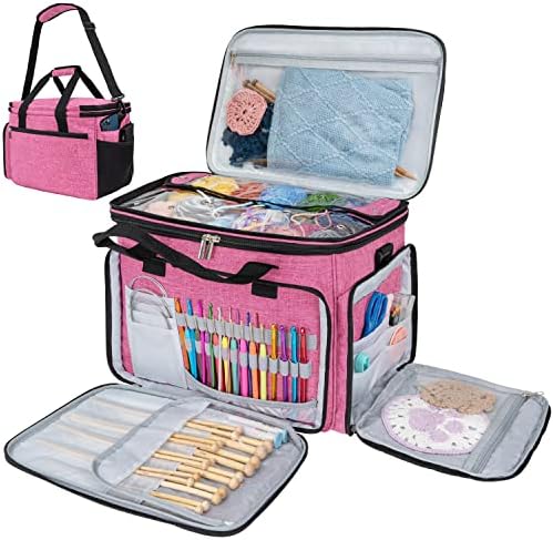 PAVILIA Knitting Bag Yarn Storage Tote - Large Crochet Organizer, Holder for Knitter Projects, Accessories Set, Gifts for Crochet Lovers - Heather Pink