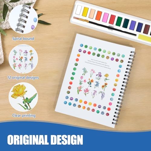 Watercolor Workbook for Beginners, Water Color Paint Book Set with Paints & Brush, 12 Beautiful Flower Patterns of Original DIY Designs, Relaxing & Creative & Joy Adult Coloring Books