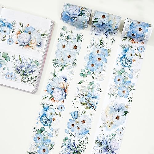 WT Serene Wide PET Tape, Single Roll, Original Designs, Watercolor Blue Flower Decorative Tape, Transparent Clear Adhesive Tape, Journal Scrapbook Bujo Planner DIY Craft Supplies