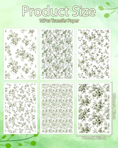 Puocaon Green Flower Clay Transfer Paper - 18 Pcs Chinoiserie Flower Art Design Transfer Sheets for Polymer Clay Brown Floral Earrings Design Jewelry Making