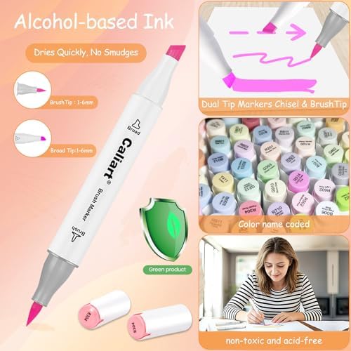 Caliart 100 Colors Pastel Alcohol Markers Brush Tip & Chisel Art Markers | Permanent Pens Art Supplies Gift for Adults Coloring Book, Drawing Illustration Sketch Coloring Markers Set with Carry Case