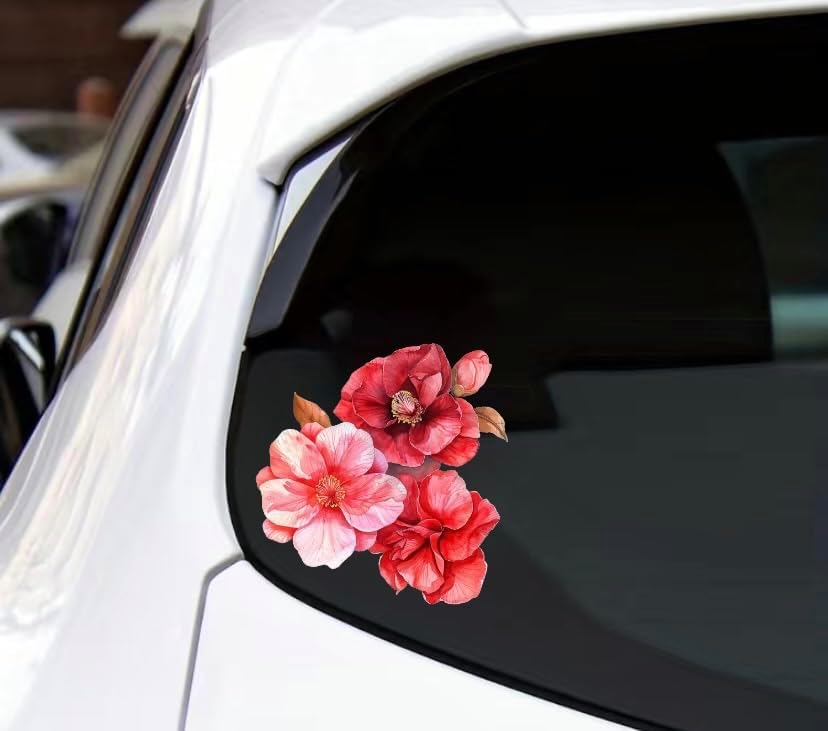 Watercolor Red Camelia Flower Decals for Cars, Floral Bumper Sticker, Vehicle Decor Sticker, Beautiful Camelia Flower Sticker for Hard Case, Waterbottle, Notebook, Window, Mirror (Red)
