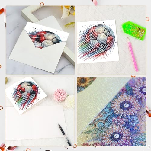 Tontut 6pcs Diamond Art Painting Kit Greeting Card, Football 5D DIY Diamond Handmade Holiday Sparkling Greeting Card with Envelope, Holiday Gift Congratulation