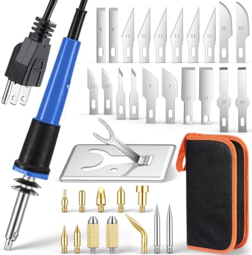 Honoson 42 Pieces Electric Hot Knife Cutter Tool, 24 Pieces Blades, 2 Blade Holders, 2 Chuck Sleeves, Metal Stand Hot Carving Knife for Cutting Carving Soft Thin Foam Cloth Stencil(Blue)