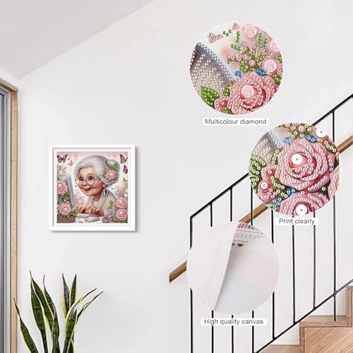 AiYuanzsh 5D Special Shape Diamond Art Kits for Beginners, Lovely Grandma Diamond Art Painting Kits for Adults, Crystal Rhinestones Diamond Art Painting for Home Wall Decoration Gift 12×12 inch