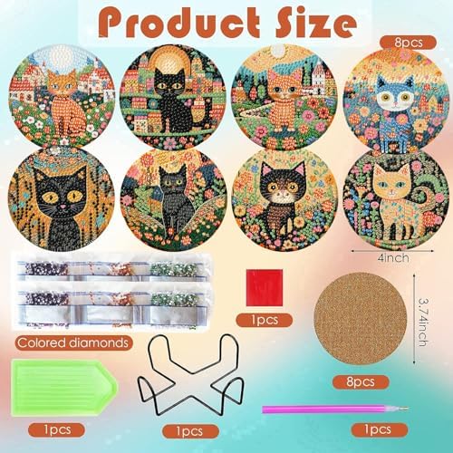 ijbnhd 8 PCS Diamond Art Coasters Kit Cat Diamond Painting Coasters
