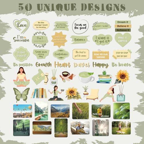 Green Vision Board Stickers - 50 Pcs Travel Planner Waterproof Supplies Kit for Adults Women Girls Forest Tree Inspirational Aesthetic Mental Health Decals for Kindle Book Scrapbooking Journal