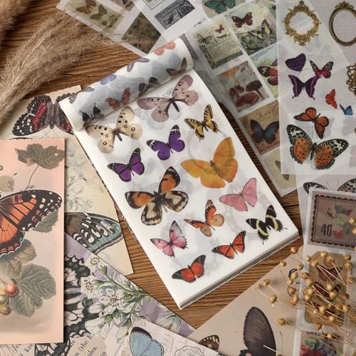 Vintage Scrapbook Stickers - 300 Butterfly Pre-Cut for Journaling, 20 Scrapbook Paper Washi for Scrapbooking and Journaling