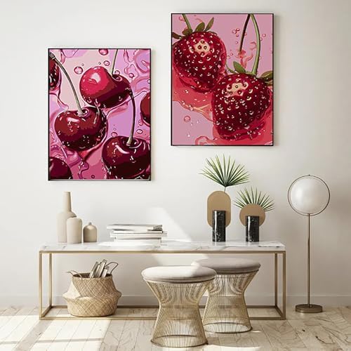AIBOERL 2 Pack Diamond Art Kits for Adults,Retro Cherry Diamond Painting | Round Drill Fruit Diamond Painting for Beginners DIY Rhinestone 5D Diamond dots(Gemstone Craft)Wall Art Gift 12x16IN