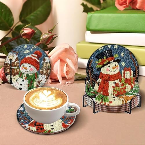 8 Pcs Christmas Diamond Art Coasters Kits, Snowmen Cork Wooden Pad Diamond Painting Coasters with Holder, 5D DIY Full Drill Gem Art Craft Supplies for Adults Beginners Home Decor