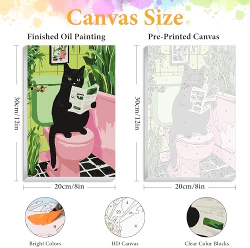 Framed Paint by Numbers Kit for Adults, Black Cat Bathroom Decor 8x12 Inch