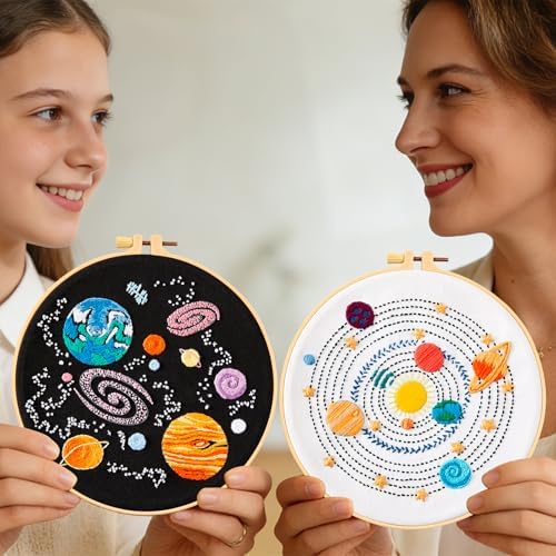 Armindou Embroidery Kit for Adults Beginners, Hand Embroidery Starter Kit with Solar System Patterns, Counted Stamped Cross Stitch Needlepoint Kit for Beginner Adult, 2 Set Embroidery Supplies/Hoop