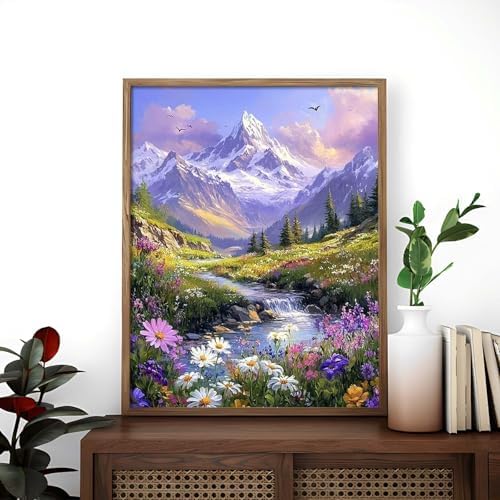 Alptiny Mountain Landscape Paint by Numbers Kit for Adults Beginner, Mountain Wildflowers Paint by Number Kits, DIY Nature Oil Painting Kit for Relaxation & Home Decor, 16x20 Inch