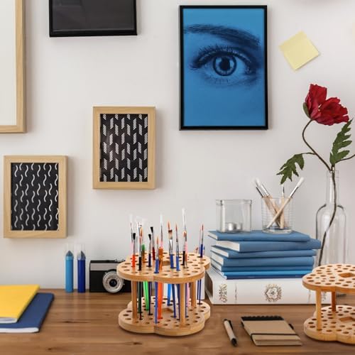 Foraineam 2 Pack Rotating Paint Brush Organizer Holder - 53 Holes Bamboo Display Drying Stand - Artist Watercolor Brush Stand Rack Art Supply Storage Organizer