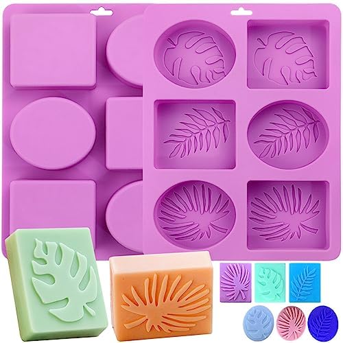 Tropical Leaf Soap Molds, 2 Pack Leaf Embossed Silicone Mold 12-Cavity | Rectangle & Ellipse Shapes Soap Bar Mold for Candle Lotion Bath Bombs Resin, Non-stick Baking Molds, Hawaii Style Design