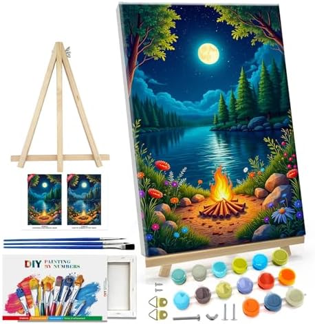 ATDMS Landscape Paint by Numbers Kit for Adults with Frame Moon Paint by Number with Easel Lake Adult Paint by Number Kits Framed Canvas DIY Oil Painting by Numbers for Gift Home Wall Decor 8x12 Inch