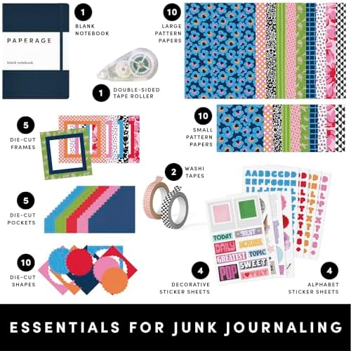 PAPERAGE Junk Journal & Scrapbook Kit, Hardcover Blank Journal Notebook, 20 Patterned Papers, 8 Sticker Sheets, 20 Die-Cut Shapes, 2 Washi Tapes & Tape Roller, Creative Journaling Supplies - Navy