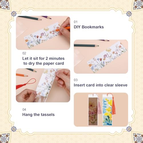60 Sets Blank Kraft Paper Bookmarks Kit with Tassels and PVC Sleeves
